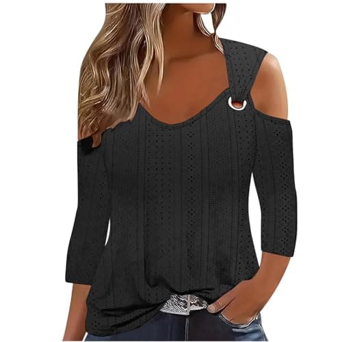 Image of Shopping Online 2024 Sexy Cold Shoulder Tops for Women UK Fall Fashion 3/4 Sleeve V Neck Tunic Shirts Ladies Elegant Hollow Out Eyelet Blouse Dressy Casual Solid Color Loose Fit Tee Shirts