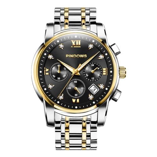 Image of PINDOWS Watches for Men Luxury Quartz Chronograph Watch with Date, Big Face Waterproof Business Wristwatch, Stainless Steel Band, Luminous Hands, Diamond Accents