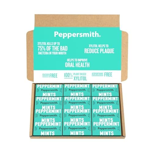 Image of Peppersmith - British Peppermint Mints - 100% Plant Based Xylitol - Breath Freshener - Sugar Free Mints - Benefits Oral Health - Pocket Packs - 12x15g