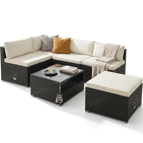 Image of CASARIA® Melbourne XL Polyrattan Garden Corner Lounge Furniture Set | 5 Seater Weatherproof Seats with Cushions | 5mm Safety Glass Top Table | Outdoor Patio Sofa | Black Cream