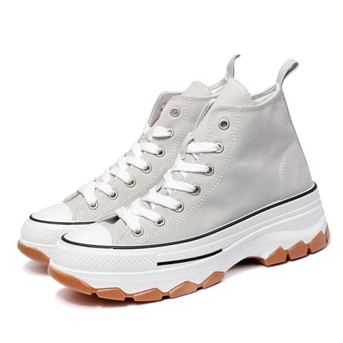 Image of Women’s Canvas Platform Sneakers – Stylish High-Top & Low-Top Shoes with 5 cm Chunky Sole for Comfort & Support (Light Grey, Adult, Women, 8, Numeric, UK Footwear Size System, Medium)