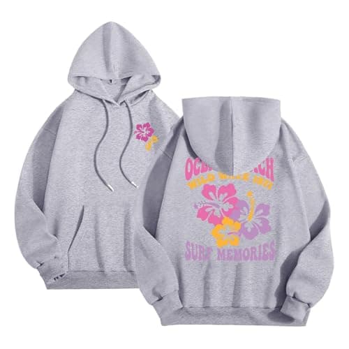 Image of Graphic Hoodies for Women Sweatshirt Lightweight Long Sleeve Drawstring Pullover Tops with Pockets Ladies 2024 Fall Fashion Comfortable Floral Letter Printed Hooded Sweatshirts Cute Hoodie Jumpers