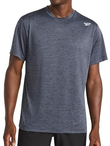 Image of Reebok Apparel Mens Dash Short Sleeve Crewneck T-Shirt, Standard Fit, Breathable Stretch Fabric, Ebony Heather, Large