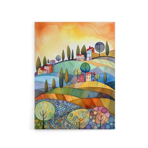 Image of Artery8 Italian Countryside Landscape Canvas Wall Art Print 18X24: Rolling hills and cypress trees in golden light, tranquil Mediterranean view evoking summer calm