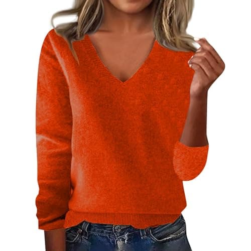 Image of Cashmere Jumpers Ladies Women Cashmere Jumpers V Neck Long Sleeve Solid Color Pullover with Ladies A Base Shirt Autumn Winter Loose Warm Sweater Jumper for Womens UK Orange L