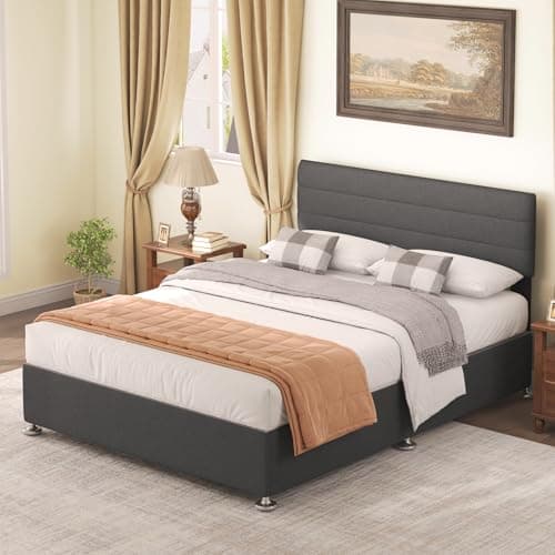Image of wowttrelax King Size Bed Frame, Upholstered Wooden Slat Bed Frame with Adjustable Headboard, Easy Assembly, Linen Fabric, Noise Free, Metal Legs, No Box Spring Needed, 150x200cm, Charcoal Grey