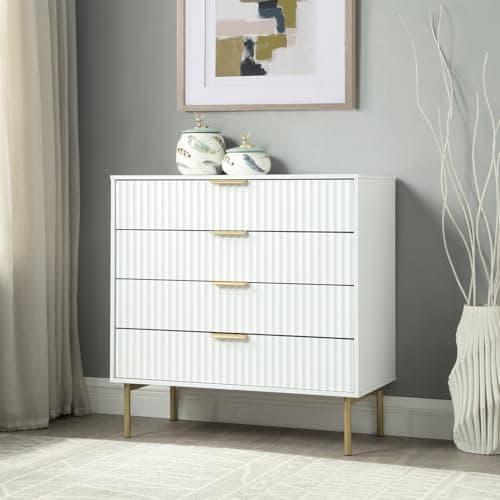 Image of Home Treats Bedroom Furniture Set White Wooden Wardrobe, Chest of 4 Drawers, Bedside Table with Gold Accents, 3 Piece Set Ridged Design (Chest of 4 Drawers)