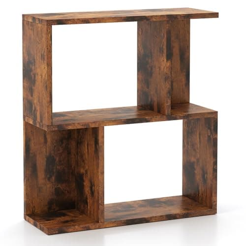 Image of COSTWAY Wooden Bookshelf, 3-Tier Freestanding Storage Bookcase with Compartments, S-Shaped Display Shelf Open Rack Shelving Unit for Living Room, Bedroom and Office (Rustic Brown, with Extra Shelf)