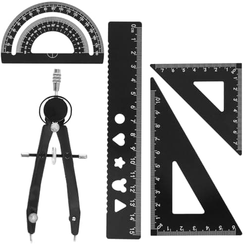 Image of 6Pcs Geometry Set Metal Protractor and Ruler Set Maths Compass Maths Sets for Student Teacher Engineers (Style 2-Black)
