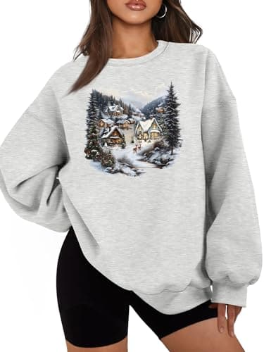 Image of ELDPS Christmas Sweatshirts for Women: Vintage Christmas Village Sweatshirt Xmas Holiday Oversized Pullover Tops, Grey, S