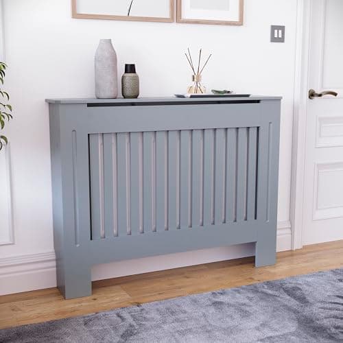 Image of Vida Designs Chelsea Radiator Cover Grey - Medium - Modern Vertical Slat Design For Optimal Heat Circulation - H82xW111xD19cm - Painted MDF Cabinet Ideal For Living Room & Hallway