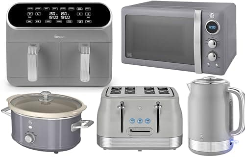 Image of Swan Retro Revive Grey 1.7L Jug Kettle, 4 Slice Toaster, Retro 800W 20L Microwave, 8L Dual Basket Air Fryer and 3.5L Slow Cooker. Matching Retro Design Kitchen Set in Grey with Chrome Accents