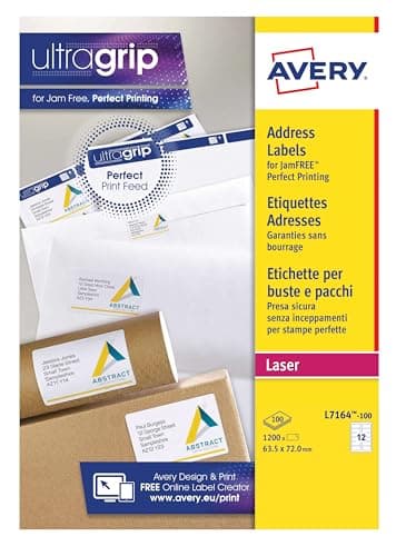 Image of Avery Printable, Customisable Address Mailing Labels, Laser Printers, 12 Labels Per A4 Sheet, 1200 Labels, UltraGrip (L7164), White, 100 Sheets