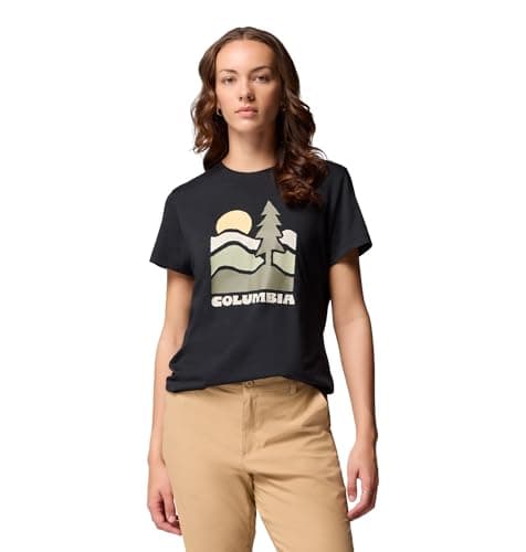 Image of Columbia Women's Ruby Springs Graphic Fitted Short Sleeve, Short Sleeve T-Shirt, Black/Get Hiked, S