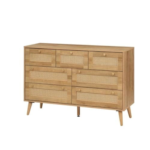 Image of Swish Furniture Manila 7 Drawer Chest of Drawers, Oak & PVC Rattan Wicker Bohemian Rustic Drawer Organiser, Chest of Drawers Bedroom Storage Drawers, Wooden Dresser, Sideboards for Living Room