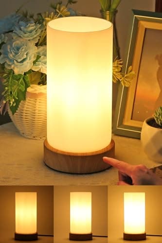 Image of HSLighting Bedside Lamps, Touch Control Glass Table Lamp 3-Way Dimmable Wooden Grained Base Small Touch Lamps Bedside Minimalist Nightstand for Christmas Living Room Bedroom Decor Gift, Include Bulb