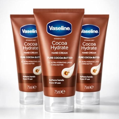 Image of 3 x 75ML Vaseline Intensive Care COCOA Hydrate Hand Cream – Moisturiser for Dry Hands – With Cocoa Butter, Shea Butter & Vaseline Jelly – Fast Absorbing, Non-Greasy Hand Cream
