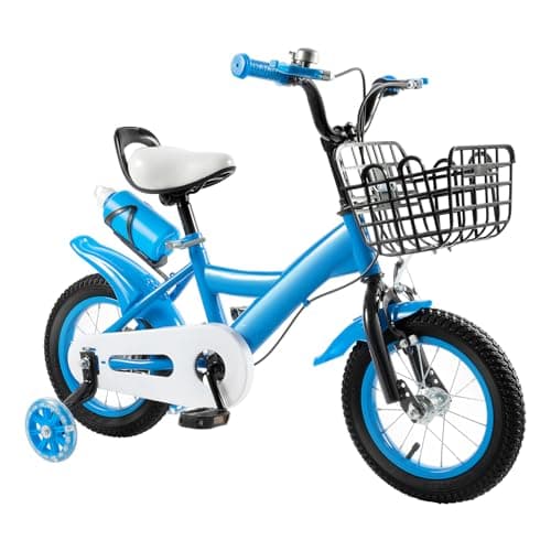 Image of Pinuox 12 Inch Kids Bike with Training Wheels, Disc Brake & Adjustable Seat, Carbon Steel Frame Children’s Bicycle for 2-5 Years, Indoor Outdoor Beginner Bike (Blue)