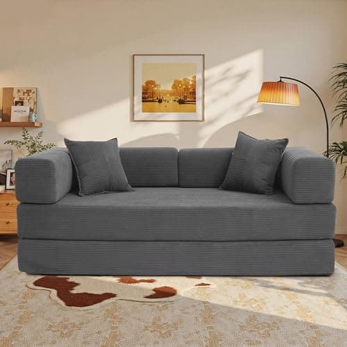 Image of Vipbear Boneless Couch, 3 Seater Sofa Bed Corduroy Modular Couch, 5-in-1 Convertible Folding Sofa Bed with 2 Memory Foam Pillows, Pull-Out Sectional Couches for Living Room, 200cm, Grey