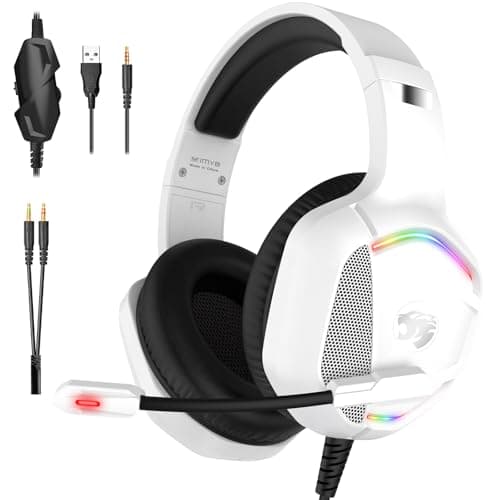 Image of IMYB Gaming Headset with Microphone for Pc, Xbox One Series X/s, Ps4, Ps5, Stereo Wired Noise Cancelling Over-Ear Headphones with Mic, RGB, for Computer, Laptop, Mac, Gamer (White)