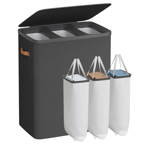 Image of SONGMICS Laundry Basket, 190 L Triple Compartment Laundry Hamper, with Lid and Handles, Removable Liners, Easy Assembly, 64 x 40 x 75 cm, Ink Black LCB814BH01
