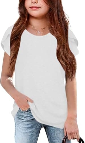 Image of Haloumoning Girls' T-Shirts Summer Short Sleeve Tops Casual Crew Neck T-Shirt Cute Plain Tops White 9-10 Years