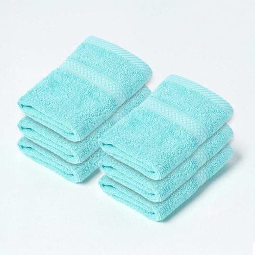 Image of HOMESCAPES Aqua Blue Turkish Cotton Set of 6 Face Cloths Flannel Super Soft Thick & Absorbent 500 GSM Towel Heavy Weight for everyday Luxury