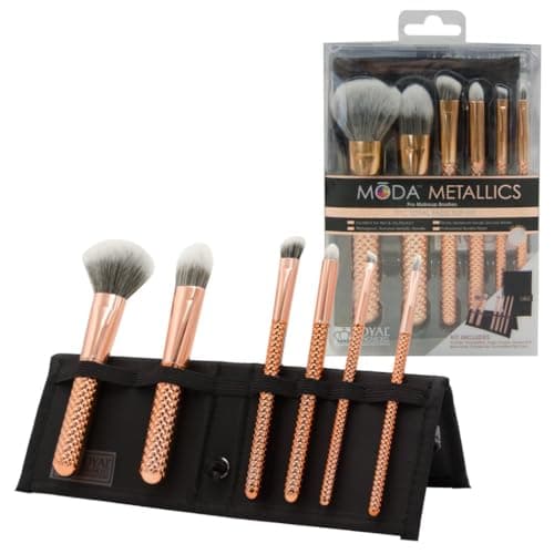 Image of Moda Royal & Langnickel Travel Size Metallics Total Face Makeup Brush Set with Pouch, Includes - Powder, Foundation, Angle Shader, Smoky Eye, Brow Liner and Pointed Lip Brushes, Rose Gold, MSET-TF7RG