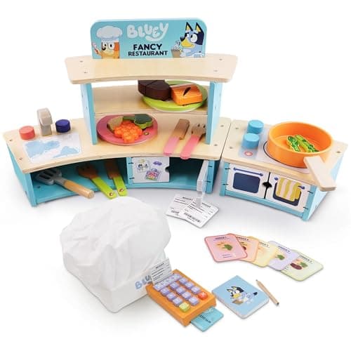 Image of Bluey Tabletop Restaurant Playset – Wooden Pretend Play Kitchen for Kids with Oven, Sink, Fridge & Cooking Accessories – FSC Certified Wooden Toy for Imaginative Role Play – Ages 3+