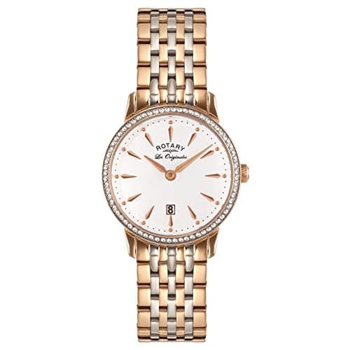 Image of Rotary Women's Quartz Watch with White Dial Analogue Display and Rose Gold Stainless Steel Bracelet LB90057/06