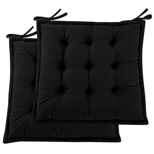 Image of PRIMEPATIO Corduroy Chair Cushions Set of 2, 50x50cm Dining Seat Pads with Ties, 7CM Thick Shredded Foam Seat Pads for Kitchen, Garden Patio Chairs, Soft Tufted Cushion Indoor Outdoor, Black