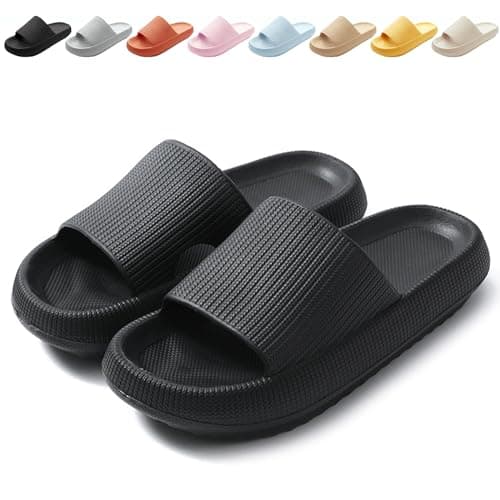 Image of BHFRGAS Sliders Cloud Slippers Women Men，Non-Slip Mens Womens Slippers Cloud Sliders，Soft Flip Flops with Thick Sole for Shower Bathroom Pool Beach，Black, 5-5.5 UK