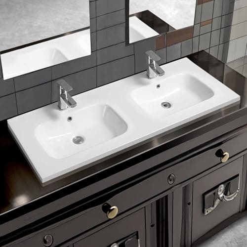 Image of Limoge 5414 Ceramic 121cm Mid-Edge Double Inset Bathroom Basin with Dual Oval Bowls - Modern Drop-in Self-Rimming Top-Mount Rectangular Sink for Vanity or Countertop Installation