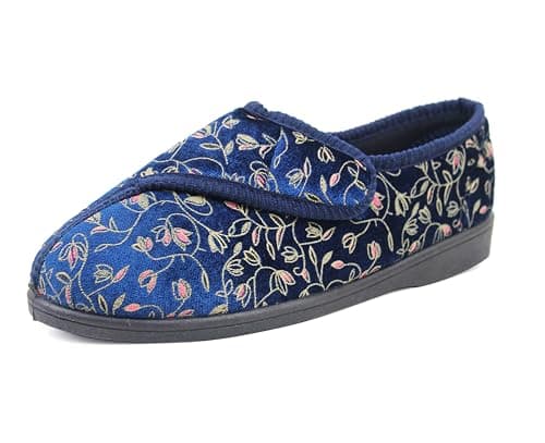 Image of IMTY Womens Wide Opening Diabetic Orthopaedic Machine Washable Touch Fasten Slippers Ladies Floral Velour House Shoes (Navy, UK Footwear Size System, Adult, Women, Numeric, Medium, 3)