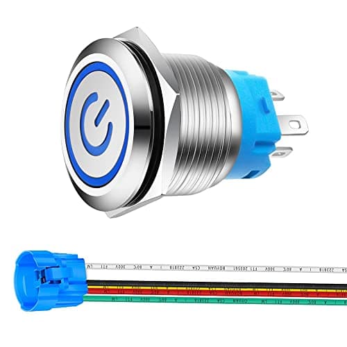 Image of Gebildet 0.87''/22mm Stainless Steel Latching Push Button Switch 12V-24V 5A Power Symbol LED 1NO1NC SPDT ON Off Waterproof Toggle Switch with Wire Socket Plug (Blue LED)