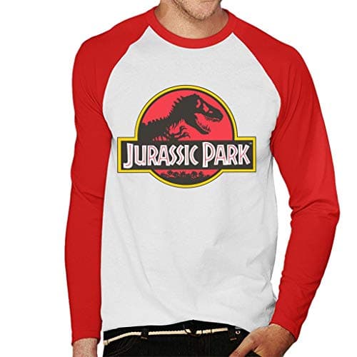 Image of Jurassic Park Classic Logo Men's Baseball Long Sleeved T-Shirt White/Red