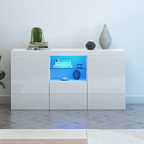 Image of Panana Sideboard Storage Cupboard High Gloss Front Cabinet RGB Multicolor LED Lighting with 3 Doors and Shelves (White)