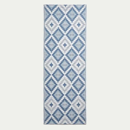 Image of HOMESCAPES Luxury Runner Outdoor Rugs for Garden Patio Waterproof 100% Recycled Plastic Mat Carpet 75 x 200cm Reversible Blue Geometric Rug Mia, Indoor/Outside & Portable, Seamless