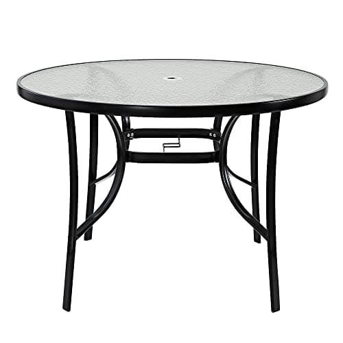 Image of Panana 105cm Round Garden Dining Coffee Table with Parasol Hole, Outdoor Dining Table with Tempered Glass Tabletop and Metal Frame for Conservatory, Patio, Balcony