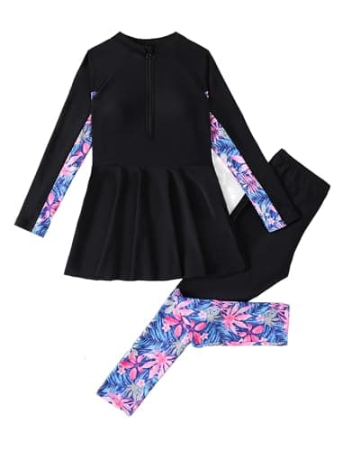 Image of Odizli Burkini Swimwear for Girls Kids Modest Swimsuit Long Sleeve Zip Up Top + Swim Pants Full Body Muslim Islamic Swimming Costume Wetsuit Bathing Suit Rash Guard Beachwear Black 12-14 Years