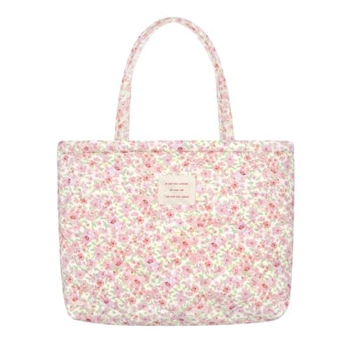 Image of LJCZKA Quilted Cotton Tote Bag for Women Floral Shoulder Tote Bag Large Capacity Casual Handbag for School Commute Travel