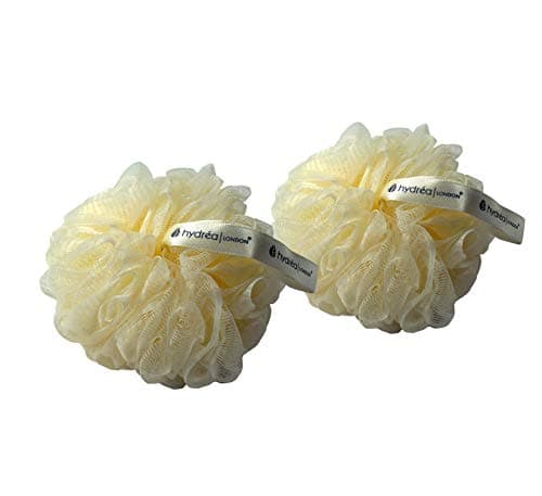 Image of Hydrea London Shower Puffs - Pack of 2 Exfoliating Body Scrubber for Men & Women - Face & Body Cleansing Shower Scrub - Ultra-Soft, Large, & Vegan Bath Scrunchie - Bathing Buffers, Cream