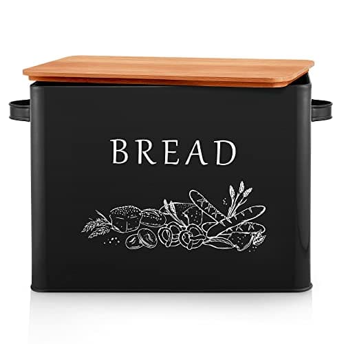 Image of Joyfair Bread Bin, Metal Bread Box with Bamboo Cutting Board Lid, Extra Large Loaf Holder for Kitchen Countertop, Vintage Storage Container fit 2 Loaves, Space Saving & Farmhouse Style, Black