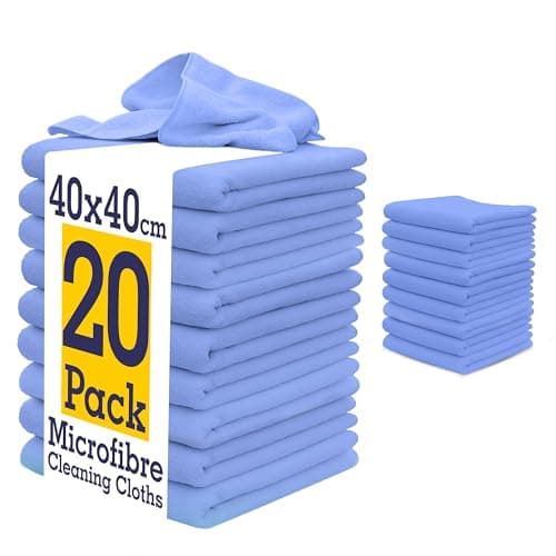 Image of DCS Microfibre Cleaning Cloth, Blue Microfibre Cloth, Pack of 20, Large Size: 40x40cm. Super Soft Premium Streak Free Washable Microfibre Cloths for Kitchen, Bathrooms, Surfaces, Mirrors, Car & More
