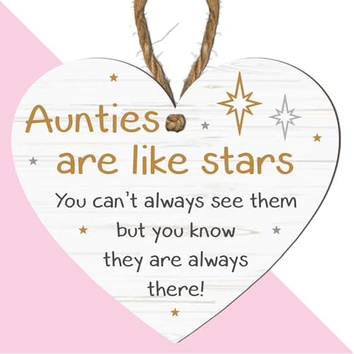 Image of Aunties Are Like Stars Heart-Shaped Plaque – Sentimental Gift for Aunts, Hanging Sign with Twine, White Wood Effect with Star Accents, Keepsake for Special Aunties (Small: 10 cm (H) × 9 cm (W))