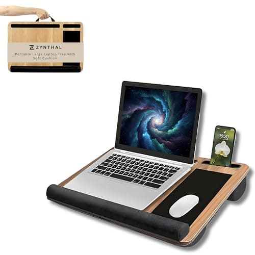 Image of Lap Tray with Cushion for Laptop & Mouse – Portable Lap Desk for Bed & Sofa, Laptop Tray with Wrist Rest, Mouse Pad & Phone Holder, Lapdesk Pillow Support, Wooden Laptop Stand Fits up to 17" Laptops