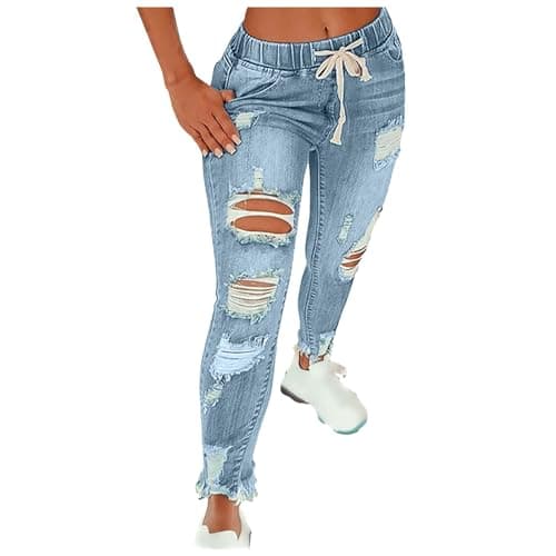 Image of Womens Cuffed Ankle Jeans Ladies Ripped Jeans Elasticated Waist Pull On Tummy Control Distressed Denim Pants Stretch Drawstring Joggers Sweatpants Activewear Trousers with Pocket