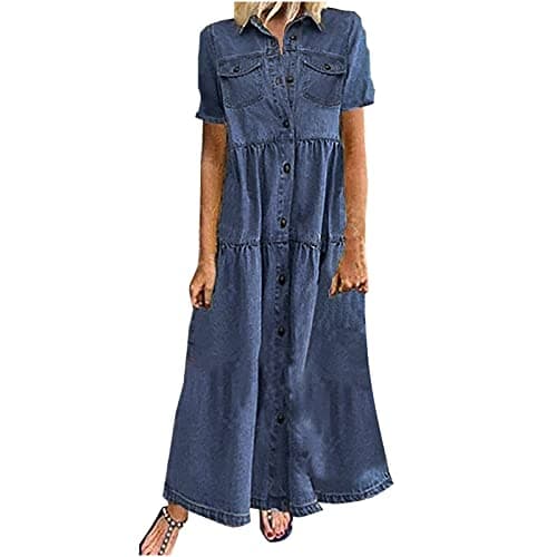 Image of Zeiayuas Women Denim Dress Clearance Button Down Shirt Dresses Summer Casual Vacation Beach Pockets Long Dress Plus Size Casual Short Sleeve Dress Ladies Plus Size Sundress Beach A Line Tunic Dress