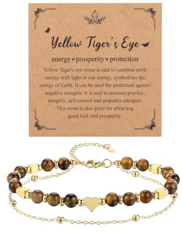 Image of Jovivi Tigers Eye Crystal Gold Heart Bracelet for Women,Natural Stone Healing Crystal Beaded Bracelets Jewellery for Women Mum Her Gifts for Birthday Valentines