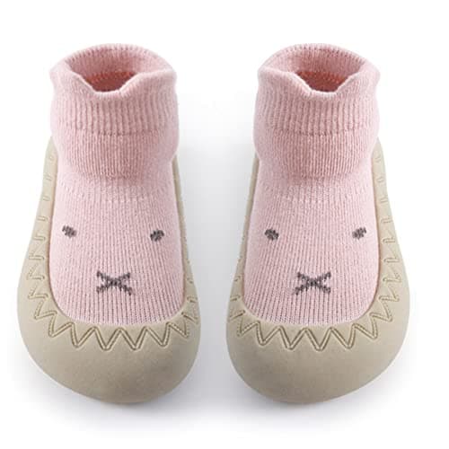Image of Exemaba Toddler Sock Shoes - Baby First Walking Shoes Soft Sole with Grips for Girls (Pink Rabbit, Tag22/12-18 M)